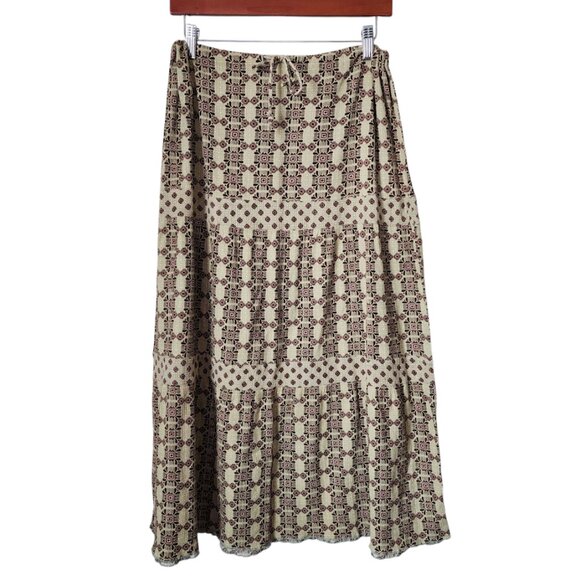 ROUTE 66 Boho Tiered Midi Skirt Geometric Print Brown Pink Cotton Drawstring M - Picture 1 of 8